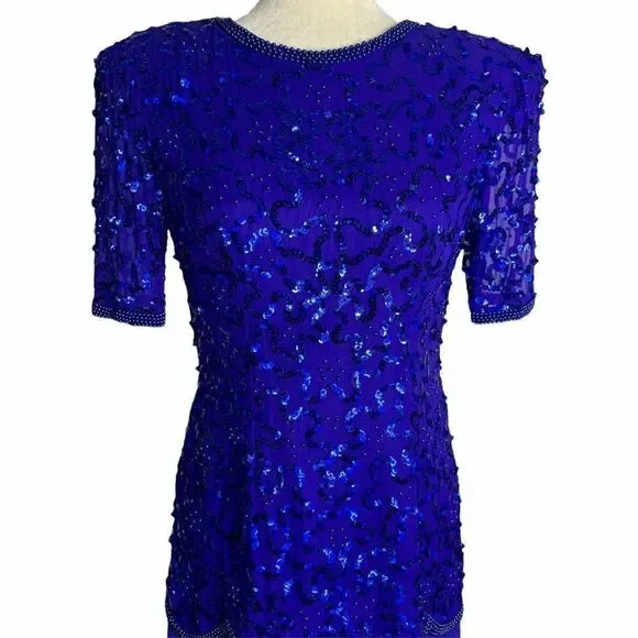 Vintage Sequin Beaded Evening Dress S Blue Silk