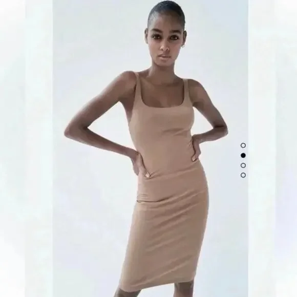 Zara Trafaluc Tan Beige Midi Bodycon Tank Dress Women’s Size Medium