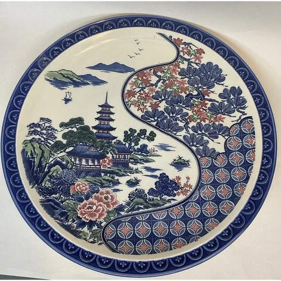UCGC Japan Mid-Century ChinoiserieTransferware Pagoda Platter Oriental Garden 15