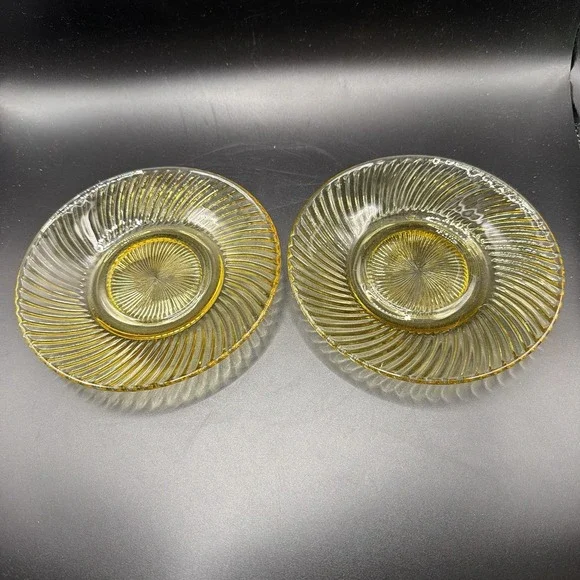 Vintage Federal Glass Co Pressed  Glass Saucers Amber Diana Swirl Pattern S/2