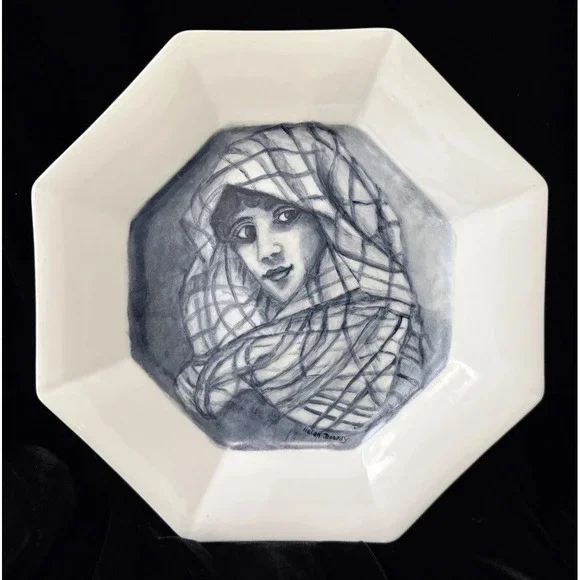 VTG Original Art Hand Painted Signed Portrait Cabinet Plate Octagonal Woman 10