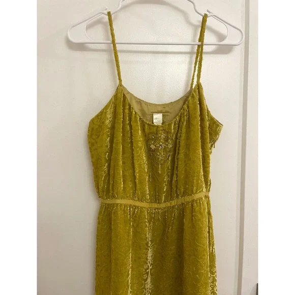 Anthropologie Lithe Silk Blend‎ Mustard Velvet Beaded Chandelier Midi Dress