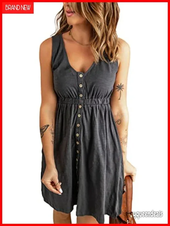 Sleeveless V-Neck Button Down Swing Dress with High Waist Elastic Belt