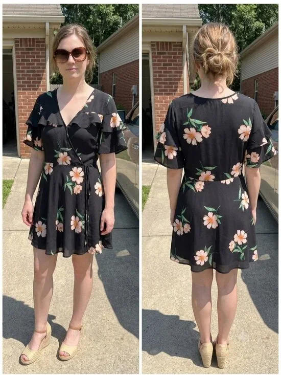 Altar'd State Black Floral Wrap Mini Dress L Ruffle Sleeve Cottagecore Boho