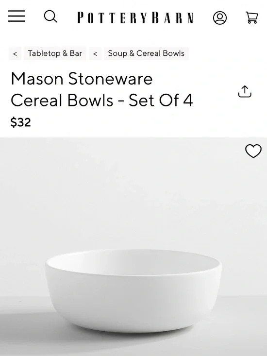 PotteryBarn Mason Stoneware Cereal Bowls- Set of 4