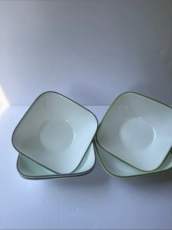 Corelle 5 Square White Soup Cereal Bowls - Made in USA 3 gray 2 green rim