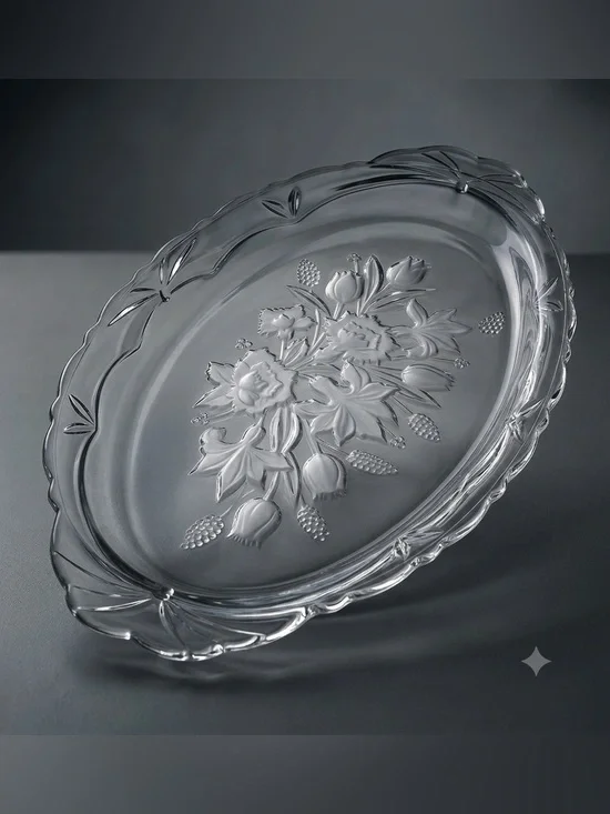 Vintage Clear Glass Oval Platter Frosted Floral Tulip Daffodil Serving Dish 16x9
