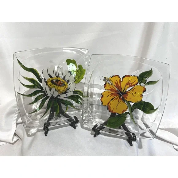 2 Vintage Hand Painted Floral Glass Plates Square cup holder‎ MCM Garden Party