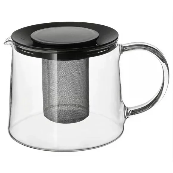 IKEA RIKLIG Clear Black Lid Stainless Steel Infuser Glass Teapot .6 Quart NWOT