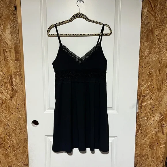 Black Crochet Lace Trim Empire Waist Mini Dress Sleeveless Adjustable Straps M