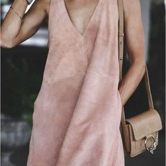 Free People Tan Suede V-Neck Mini Dress Sleeveless A-Line Pockets‎ XS
