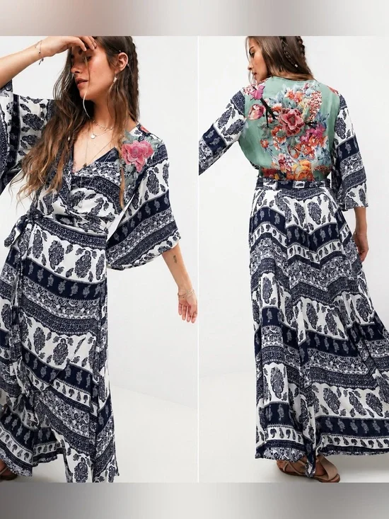 Aratta Silent Journey Bohemian Wrap Dress Size L Floral Paisley Peasant Hippie