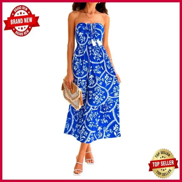 Strapless Floral Maxi Dress Boho Elegant Tiered Smocked Back Pockets