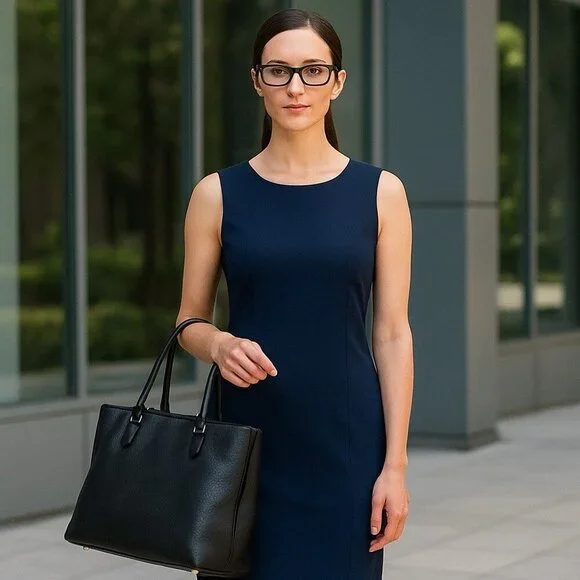NWT VTG Sag Harbor Navy Blue Linen Blend Sheath Dress Sleeveless Womens size 6