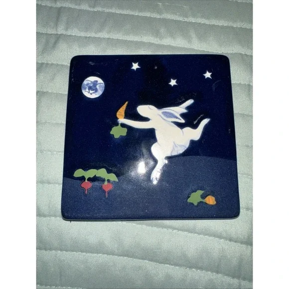Karen Howell Ceramic Tile Trivet Dancing Rabbit Cobalt Blue Moon 1/4