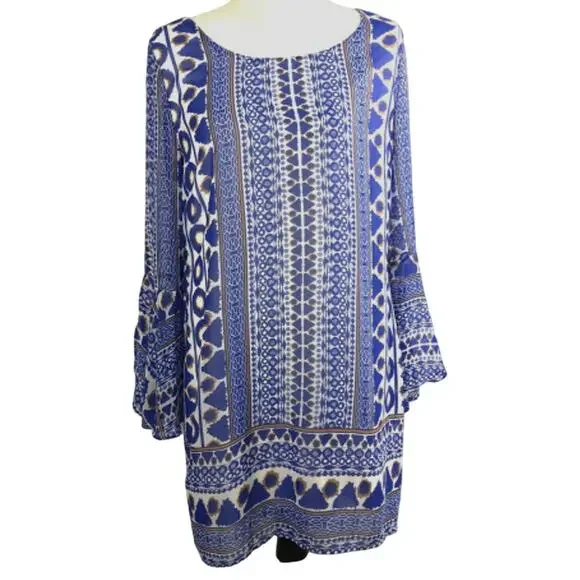 Pink Owl Dress Womens Medium‎ V Back Blue  Flounce Sleeve Retro Boho Sheer