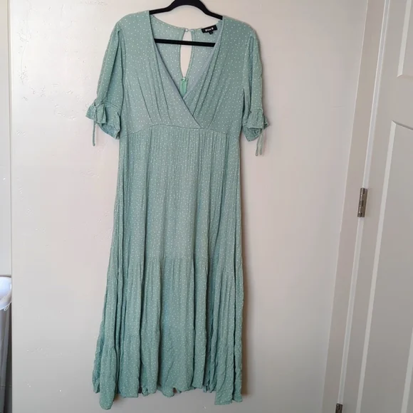 Blue B Seafoam Green Polka‎ Dot Tiered Dress L