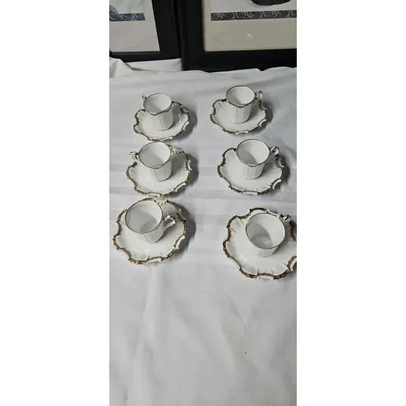 TV Limoges France La Cloche 6 setsTea Cups Saucers Fine‎ China Gold Rimmed