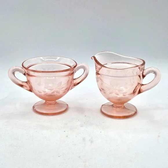 Vintage Pink  Depression Glass Floral Etched  Sugar‎ Bowl and Creamer Set  2pcs