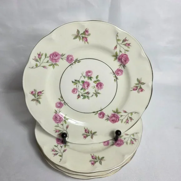 FOUR Theodore Haviland Delaware New York Bread Plates Ivory with Pink Roses