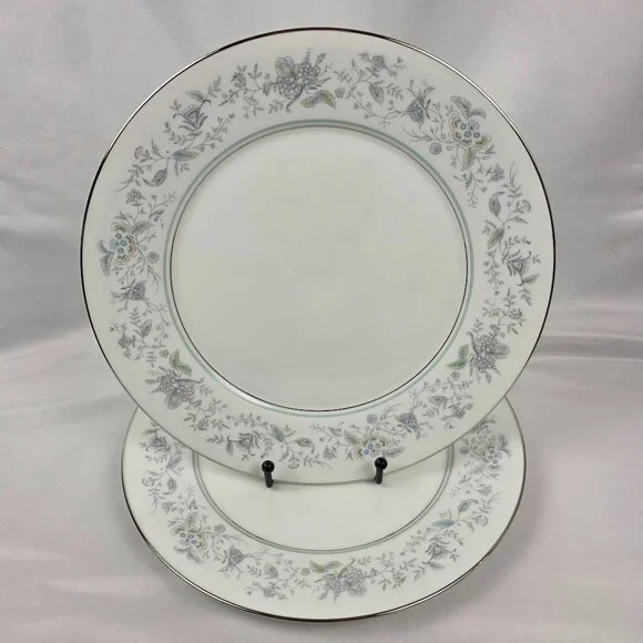 TWO Oxford China Spring Bone China Dinner Plate Multicolor Floral Rim Aqua Band