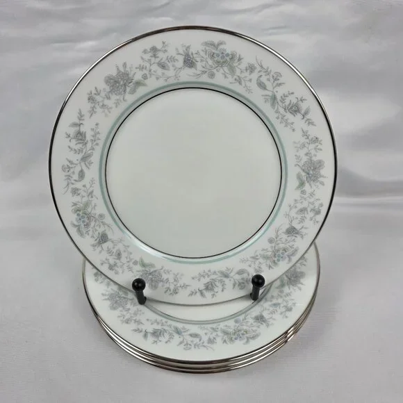 FOUR Oxford China Spring Bread Plate Multicolor Floral Rim Aqua Band