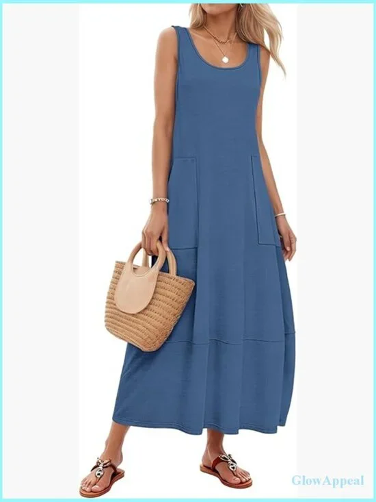Sleeveless Maxi Sundress with Pockets, Boho Casual Beach Vacation Dress