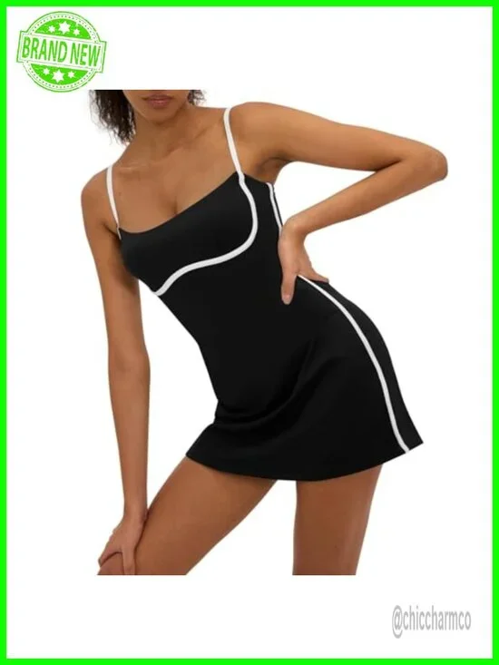 Sleeveless Square Neck Mini Tennis Dress with Built-in Shorts for Activewear