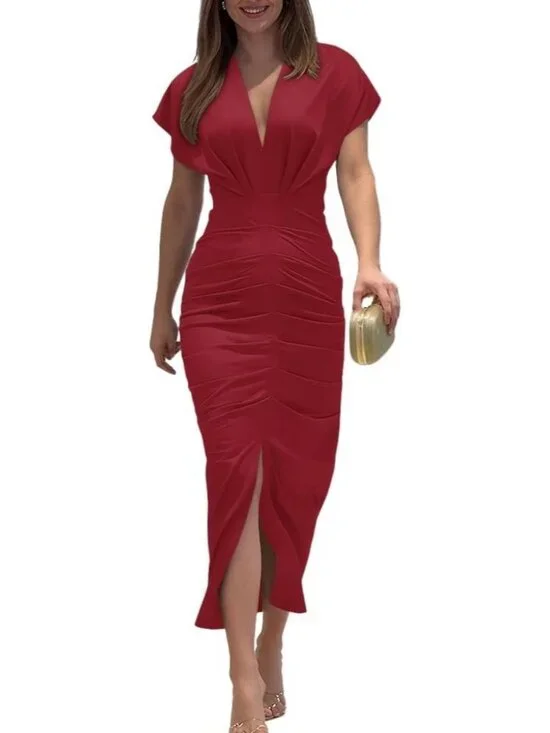 Women's Red Polyester Elastane Floral Print  V Neck Slit Bodycon Midi Dress