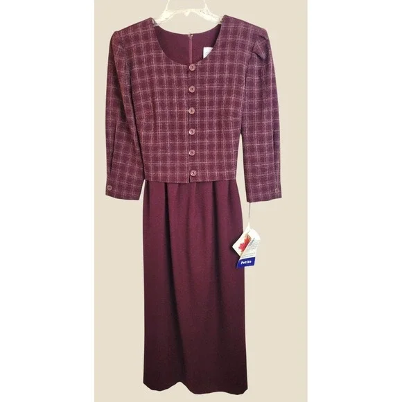 NOS VTG Leslie Belle Petite Dress 90s Plaid Academic Career Midi Burgundy 10P