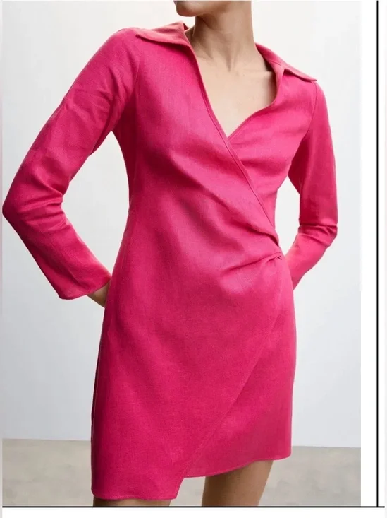 Mango 100% Linen Fuchsia Wrap Mini Dress US 10 Collared Pink