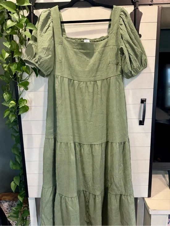 Sage Green Square-Neck Tiered Maxi Dress