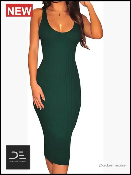 Sleeveless Ribbed Knit Bodycon Midi Tank Dress Club Dress