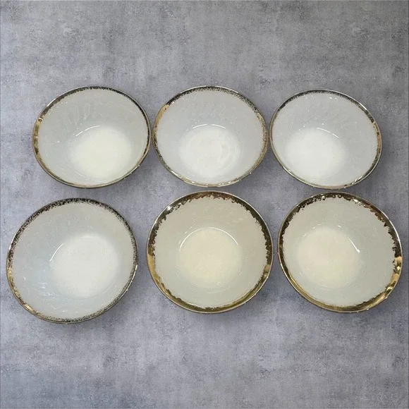 Six Fire King‎ White Milk Glass Swirl Dessert Bowls Gold Trim Made In USA