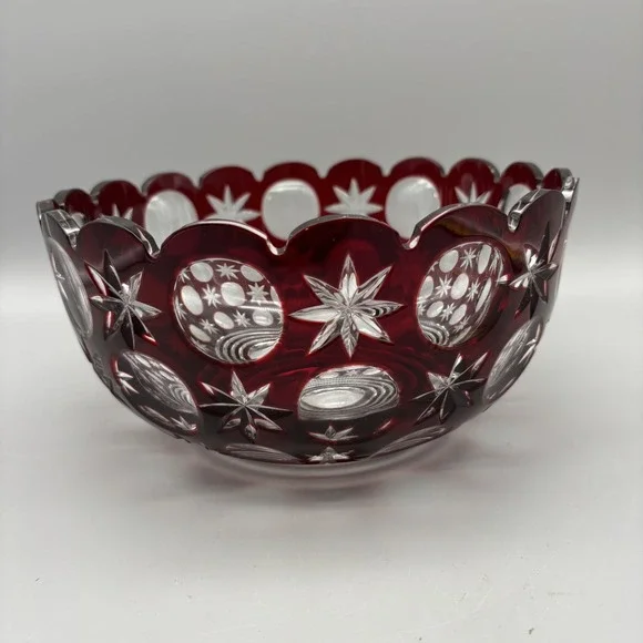 Vintage Bohemian Hand Cut Crystal Glass Ruby to‎ Clear bowl SIGNED 8.75