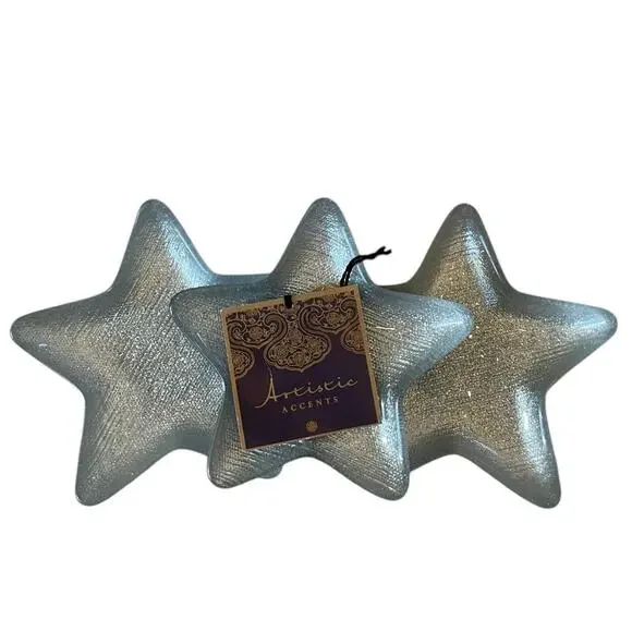 Set of 3 Handmade Turkish Art Glass STAR Appetizer Plates Silver Glitter NEW