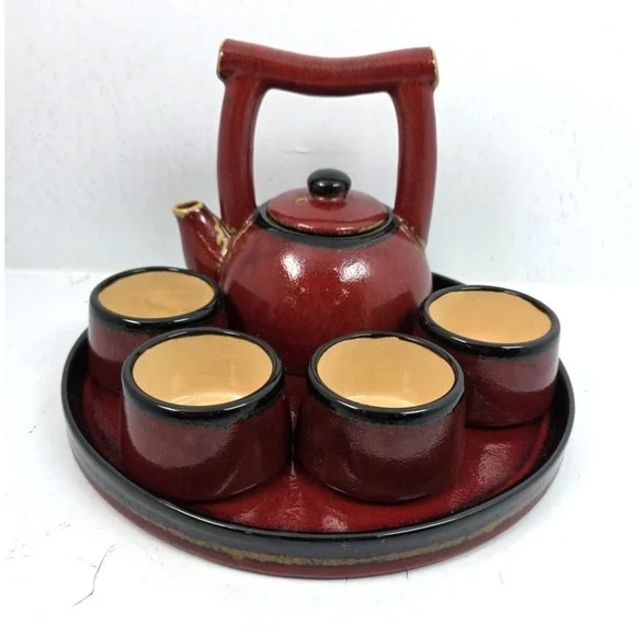Vtg Pier 1‎ Shanghai Teapot Set 7 piece Earthenware Reddish Brown Black Tan