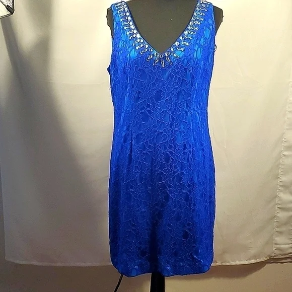Adrianna Papell Hailey Blue Lace Evening Gown/Dress Size 14