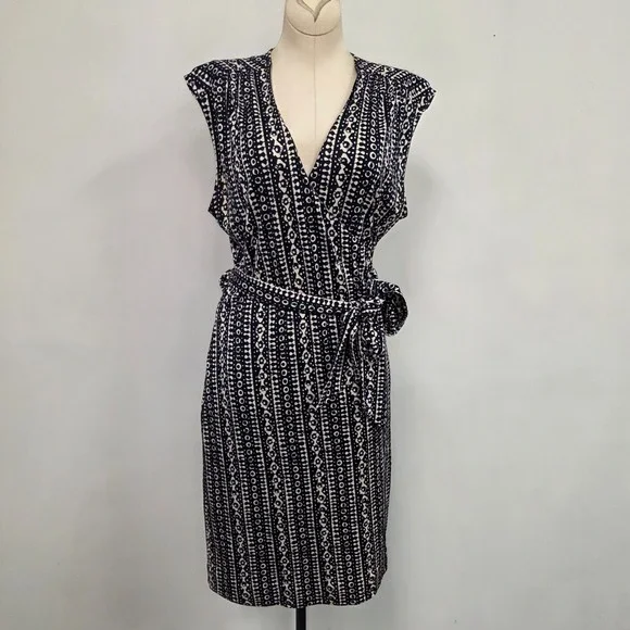 Tory Burch Silk Wrap Dress Size XL Geometric Blue Below Knee Designer Luxe