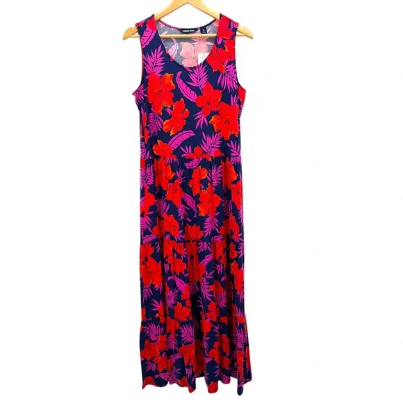 Lands End Womens Tropical Floral Tiered Maxi Dress Navy Red Pink M 10-12‎ NEW