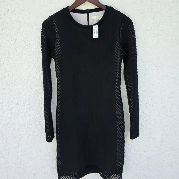 NWT Mesh Sleeve Bodycon Midi Dress Black Minimalist Luxury Goth Size 4