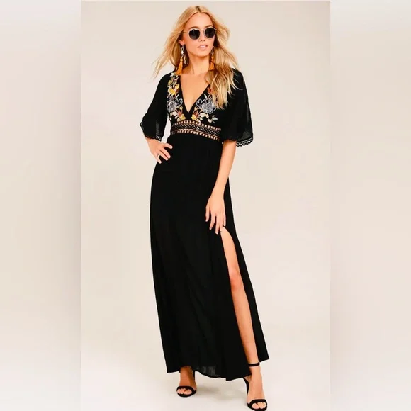Lulu's Black Puerto Vallarta Floral Embellished Maxi Gown Dress