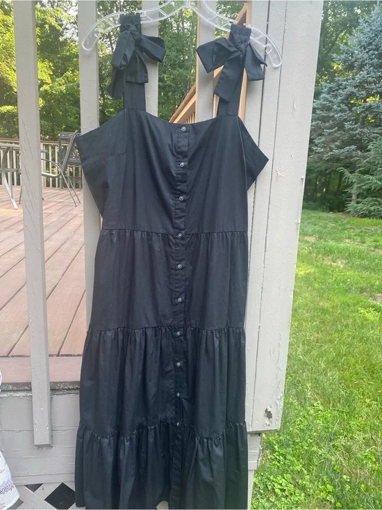 Black Button-Front Tiered Maxi Dress with Tie Straps