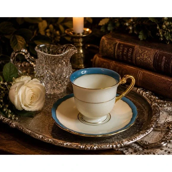 Hohenberg Bavaria Demitasse Cup & Saucer Blue Gold Trim German Porcelain