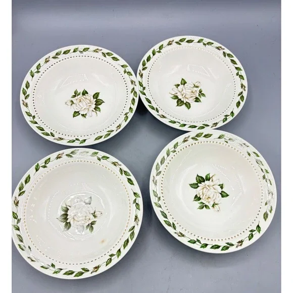 Vtg 4 Pc Superior Hall Cameo Rose Dessert‎ Berry Bowls White Rose