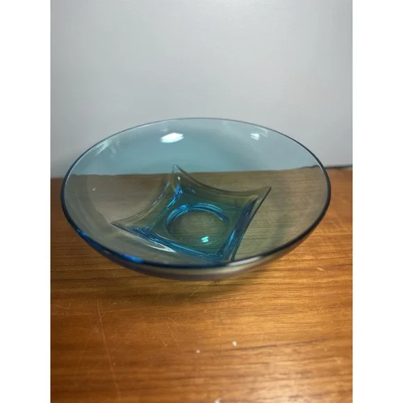 Vintage MCM Blue Art Glass Hazel Atlas Console Bowl 11