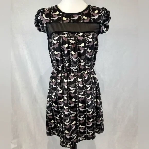 American Rag black and mauve sheer detail bird print dress size small