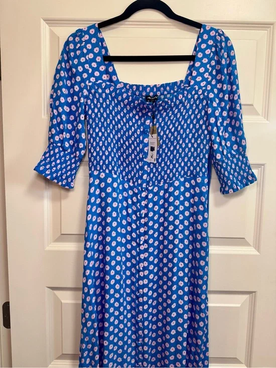 Whistles Blue Floral Square-Neck Midi Dress