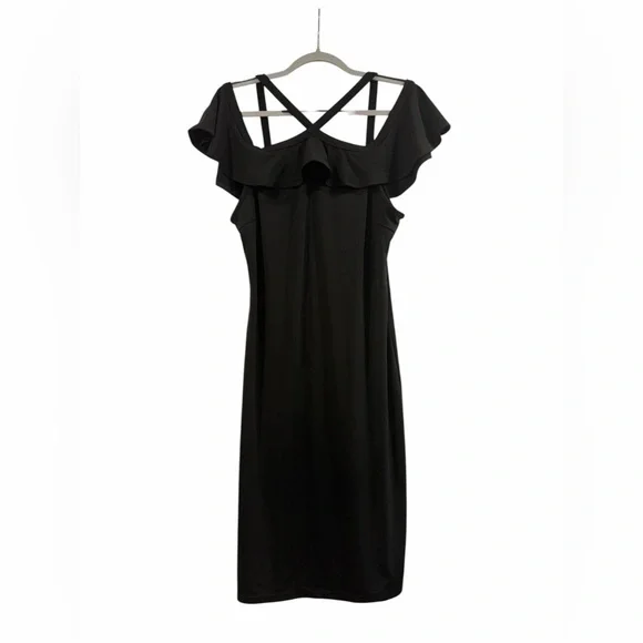 Women’s Black Midi Criss Cross Wedding Guest Cocktail Ruffle Party Dress Large