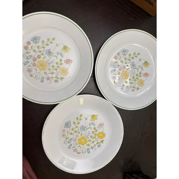 Corelle Meadow Dinner Plates Set of 3 Floral Wildflower Green Rim Vitrelle Glass